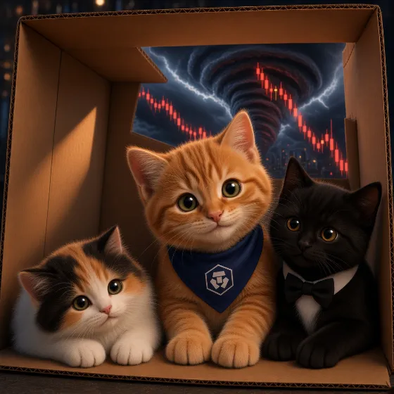 CroCat and two cat friends hiding in a cardboard box during a storm of red candles